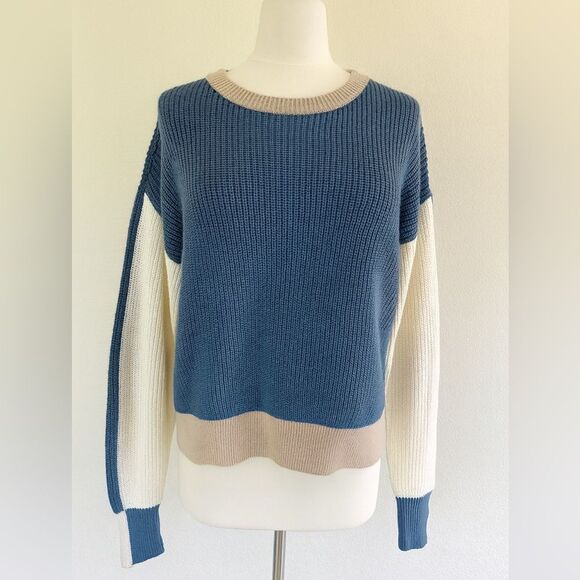 ANR+ Alp N Rock Colorblock Knit Sweater in Blue/Cream/Tan | Medium - Picture 2 of 5